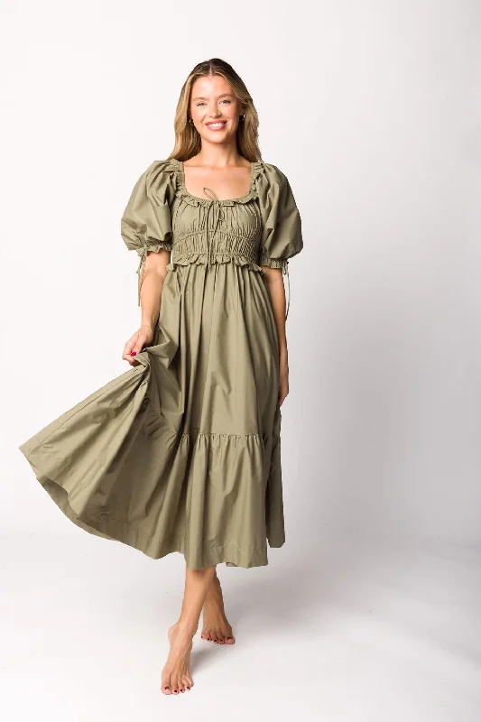 Crissy Ruched Midi Dress in Dusty Olive - Bump Friendly Trendy Bodycon Midi Dress