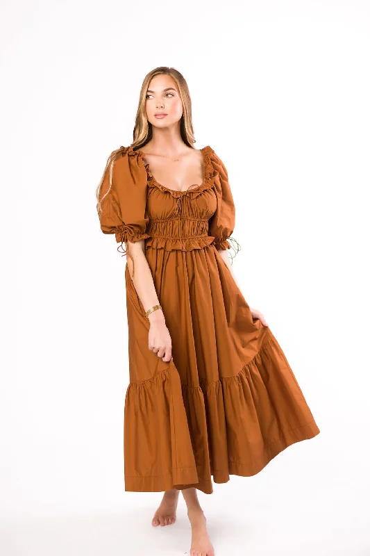 Crissy Ruched Midi Dress in Brown - Bump Friendly PRE-ORDER Elegant Floral Skirt Midi Dress