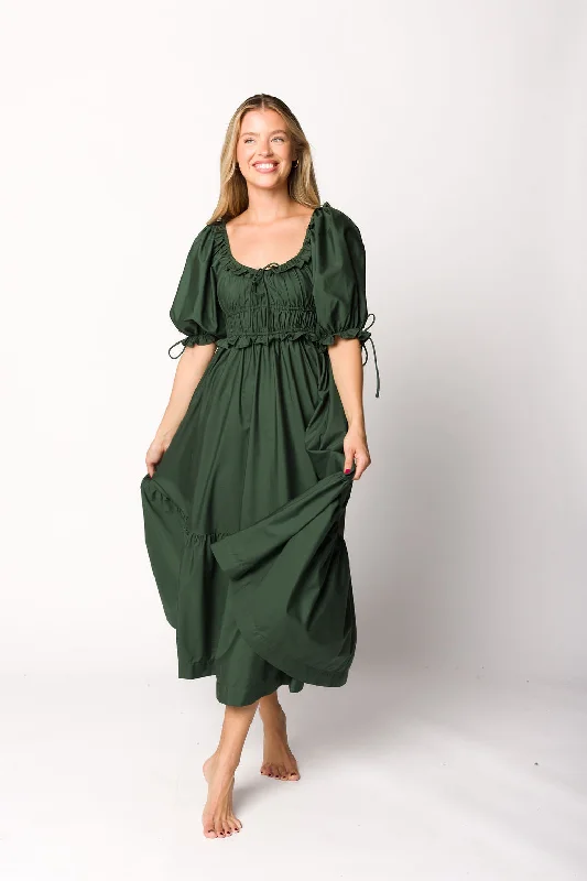 Crissy Ruched Midi Dress in Emerald Green - Bump Friendly PRE-ORDER Comfortable Lace-Up Midi Dress