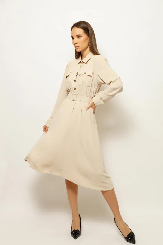 EBLISE COLLARED BELTED MIDI DRESS Fashionable Fitted Midi Dress