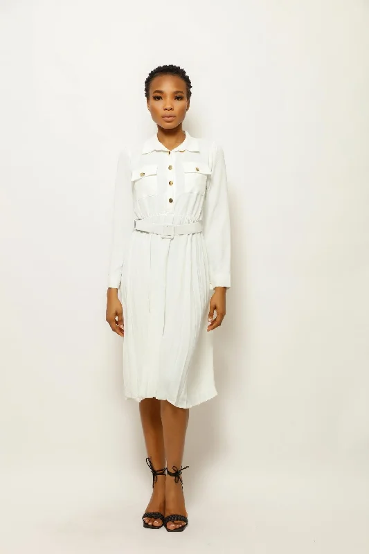 EBLISE COLLARED BELTED MIDI DRESS Trendy Off-Shoulder Ruffle Midi Dress