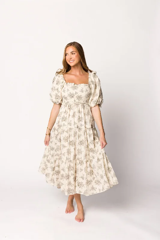 Elena 100% Cotton Toile Print Smocked Midi Dress in Ivory PRE-ORDER Chic Off-Shoulder Midi Dress