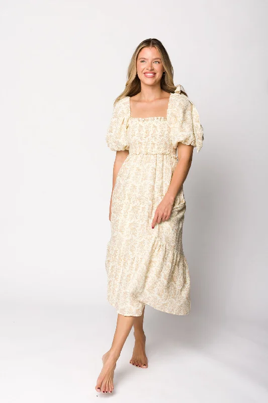 Elena 100% Cotton Toile Print Smocked Midi Dress in Light Brown PRE-ORDER Elegant Floral Midi Dress