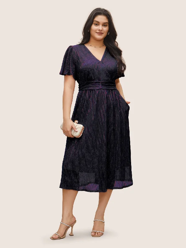 Glitter Mesh Surplice Neck Ruffle Sleeve Pocket Midi Dress Fashionable Pleated Midi Dress