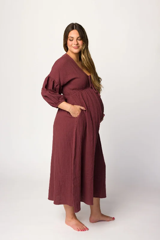 Hunter 100% Cotton Gauze Midi Dress in Redwood (Plum) (Low Stock) Stylish Silk Midi Dress