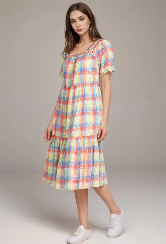 Johnny Was Workshop Delacey Plaid Square Neck Midi Dress W30022 Boho Chic Fashionable Polka Dot Midi Dress