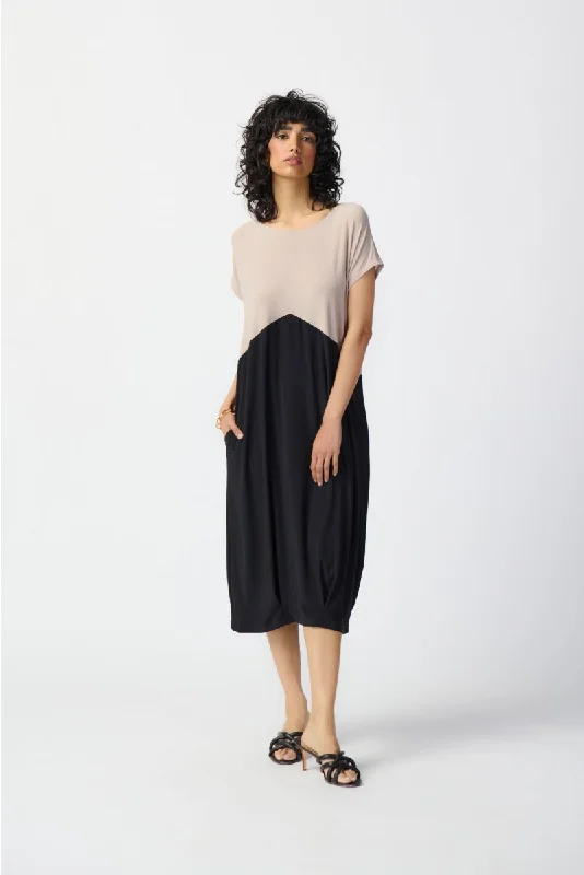 Joseph Ribkoff Black/Dune Two-Tone Color Block Cocoon Midi Dress 241128 Classic Black Midi Dress