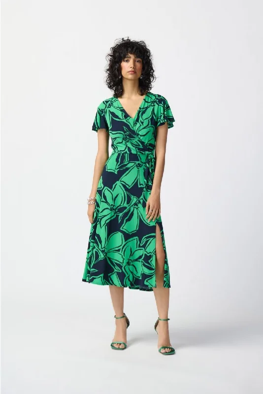 Joseph Ribkoff Midnight Blue/Green Floral Print Faux Wrap Flowy Midi Dress 241052 Comfortable Deep V Midi Dress