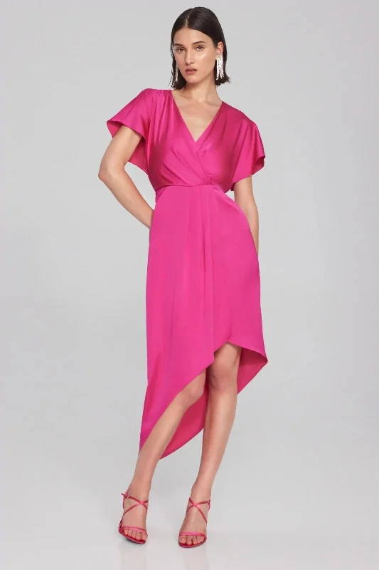 Joseph Ribkoff Shocking Pink Faux Wrap Hi-Low Asymmetric Midi Dress 241777 Trendy Off-Shoulder Button Midi Dress