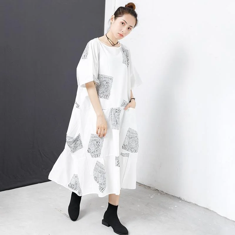 Letter Square Printed Pleated Midi Dress Trendy Ruffled Sleeve Midi Dress