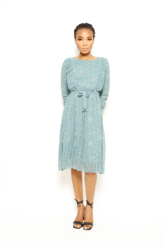 LIL FLOWER DOTS RUFFLED TIE MIDI DRESS Elegant Puff Sleeve Midi Dress