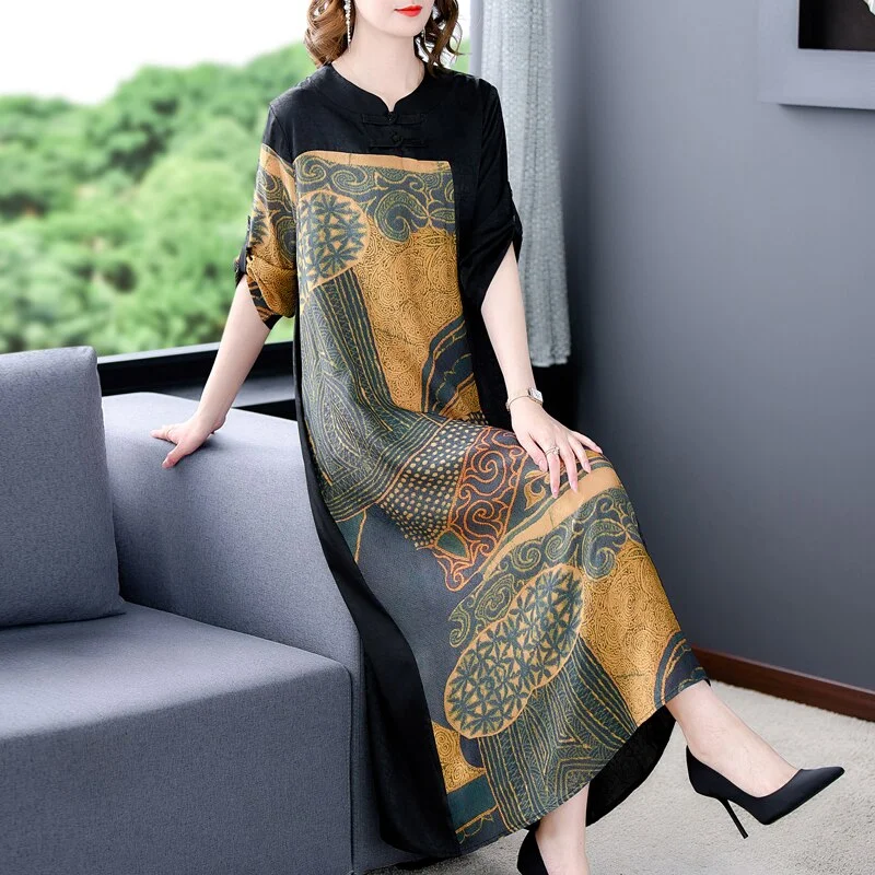 Loose Black Patchwork Print Natural Silk Midi Dress Fashionable Floral Embroidery Midi Dress