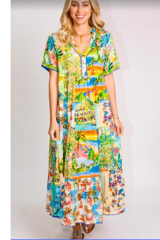 Lula Life Seaside Midi Dress Tropical Print On Sale Trendy Smocked Waist Midi Dress