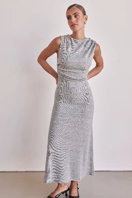 Oriana Knit Midi Dress (Grey) Stylish High-Waisted Midi Dress