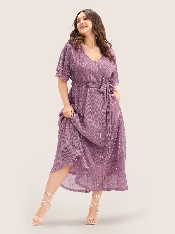 Plain V Neck Mesh Pocket Ruffle Tiered Belted Midi Dress Fashionable Chiffon Midi Dress