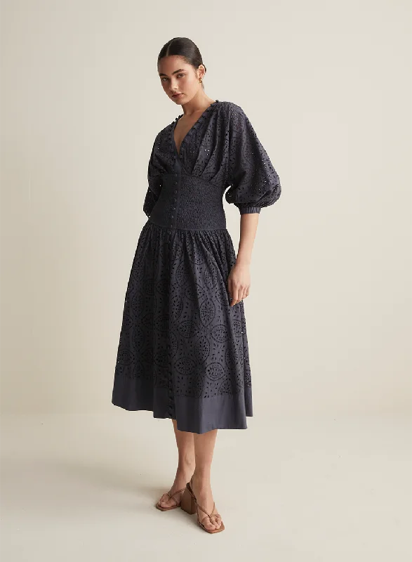 Regina Cotton Broiderie Midi Dress | Navy Comfortable Draped Midi Dress