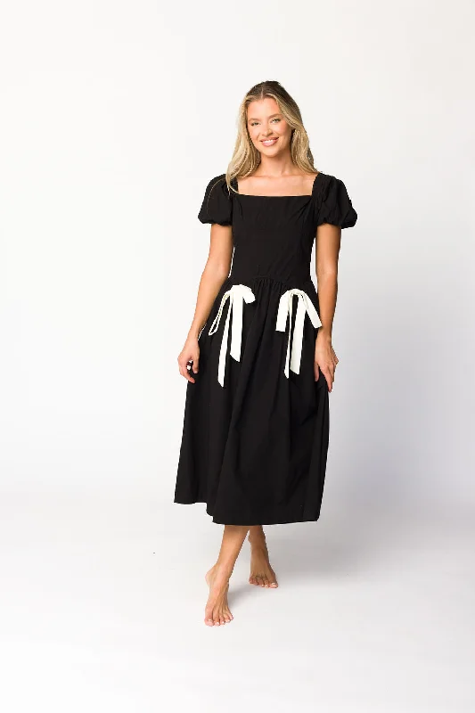 Ruby Midi Dress with Bow Detail in Black Comfortable Deep V Midi Dress