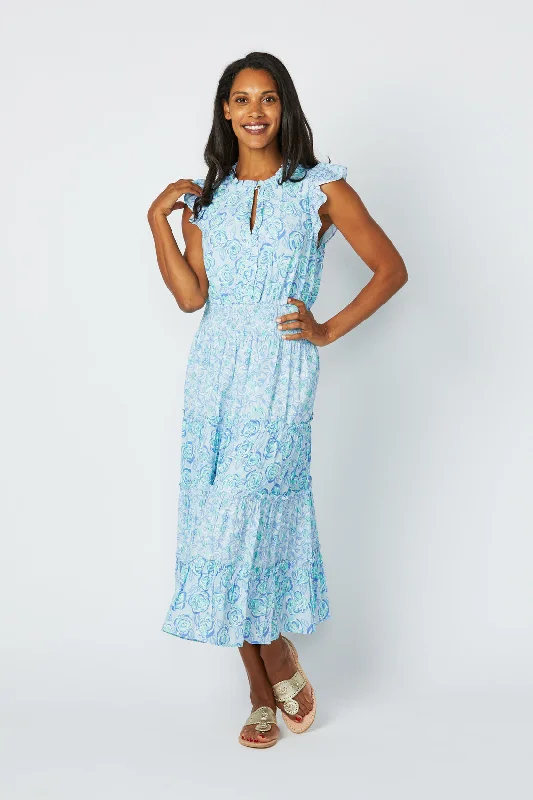 Sail to Sable Flutter Sleeve Midi Dress - Blue Multi Elegant Satin Button Midi Dress