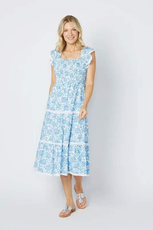 Sail to Sable Flutter Sleeve Smocked Midi Dress - Blue Rose Stylish Tiered Midi Dress