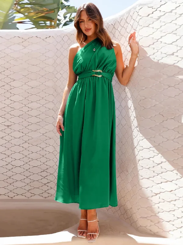 Single Shoulder Midi Dress Trendy Mock Neck Midi Dress