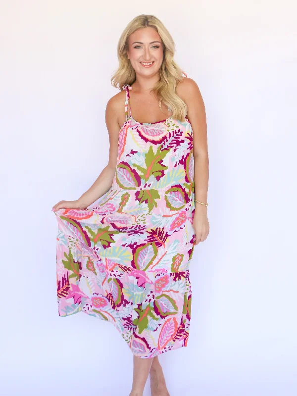 Sleeveless Tropical Printed Summer Midi Dress Trendy Shift Midi Dress