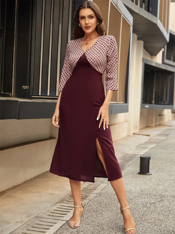 Slit V-Neck Three-Quarter Sleeve Midi Dress Comfortable Ruched Midi Dress