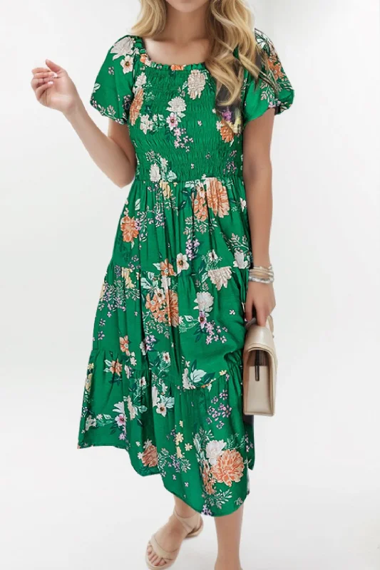 Smocked Printed Puff Sleeve Midi Dress Trendy Midi Dress with Belt