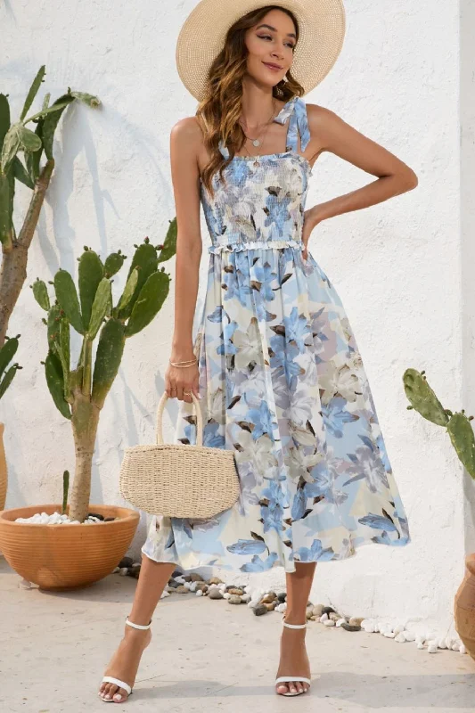 Smocked Printed Square Neck Midi Dress Elegant Floral Midi Dress