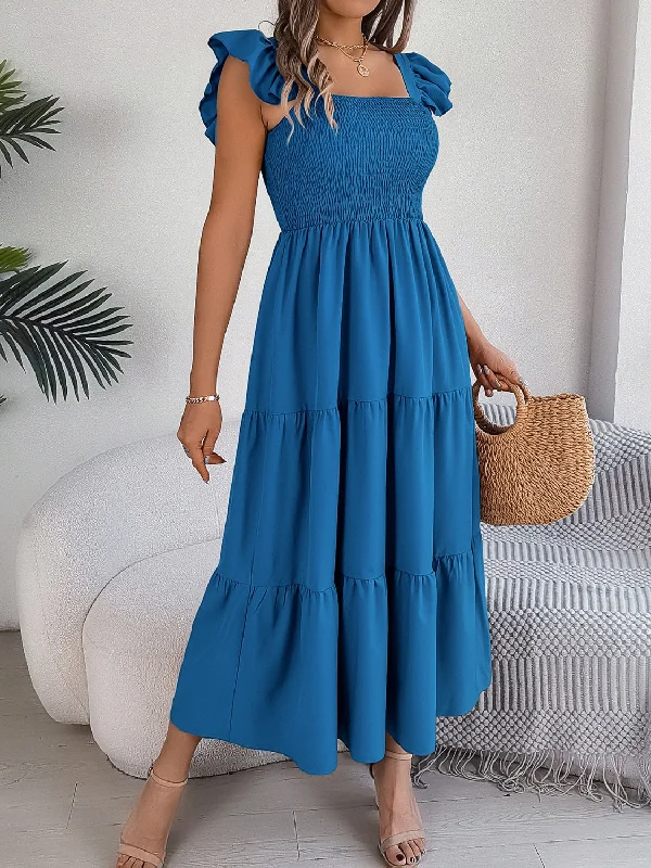 Smocked Square Neck Cap Sleeve Midi Dress Comfortable Button Front Midi Dress