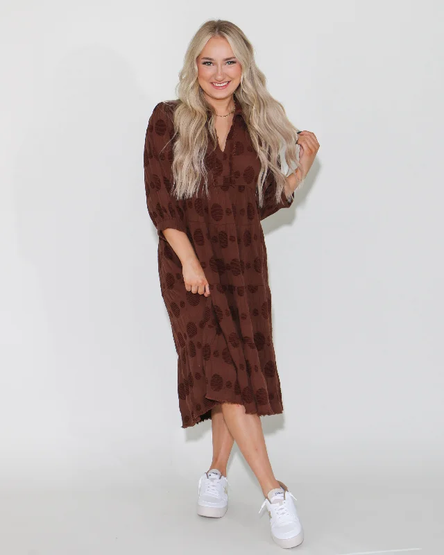 Solid Dotted V-Neck Tiered Midi Dress In Brown Comfortable Wrap Midi Dress