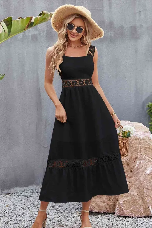 Spliced Lace Square Neck Sleeveless Midi Dress Elegant Maxi-Midi Hybrid Dress