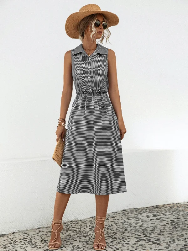 Striped Collared Neck Sleeveless Midi Dress Stylish Vintage Midi Dress