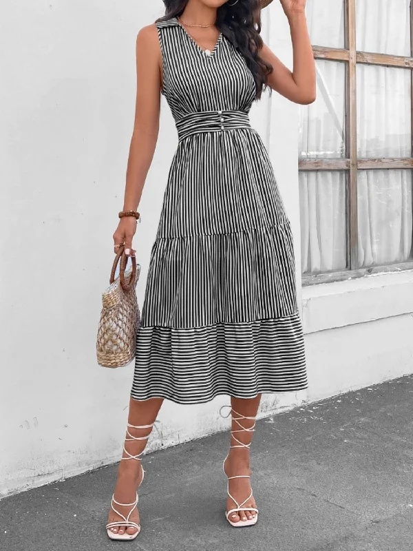 Striped Johnny Collar Sleeveless Midi Dress Trendy Boho Midi Dress