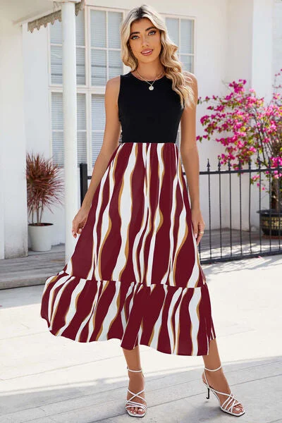 Striped Round Neck Sleeveless Midi Dress Fashionable One-Shoulder Midi Dress