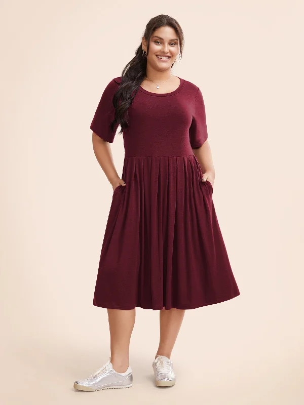 Supersoft Essentials Solid Pleated Round Neck Midi Dress Trendy Smocked Detail Midi Dress