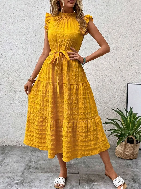 Tied Ruffled Cap Sleeve Midi Dress Fashionable Skater Midi Dress