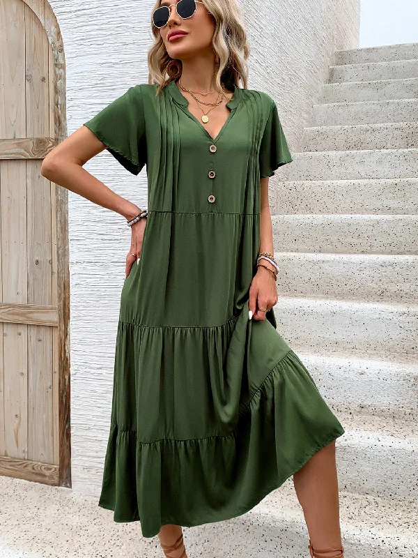 Tiered Notched Short Sleeve Midi Dress Trendy Ruched Side Midi Dress