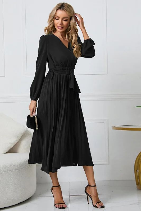 V-Neck Long Sleeve Tie Waist Midi Dress Trendy Smocked Waist Midi Dress