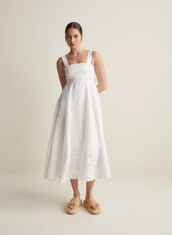 Winona Linen Embroidery Midi Dress Trendy Ruched Side Midi Dress