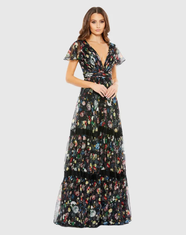 Floral Print Pleated Wrap Over Butterfly Sleeve Maxi Dress Cozy Open-Back Maxi Dress