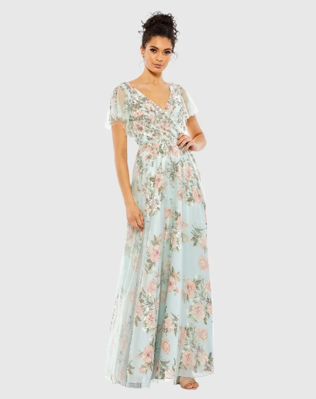 Floral Flutter Sleeve V-Neck Maxi Dress Stylish Button-Up Maxi Dress