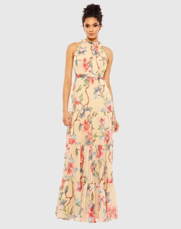 Floral Button High Neck Maxi Dress Fashionable Layered Maxi Dress