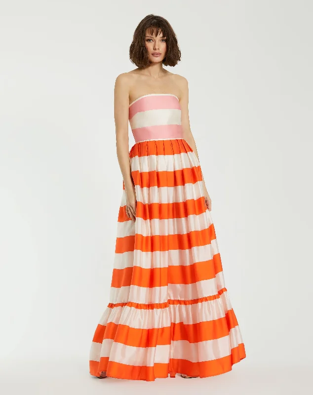 Striped Organza Strapless Ruffle Maxi Dress Elegant Maxi Dress with Pockets