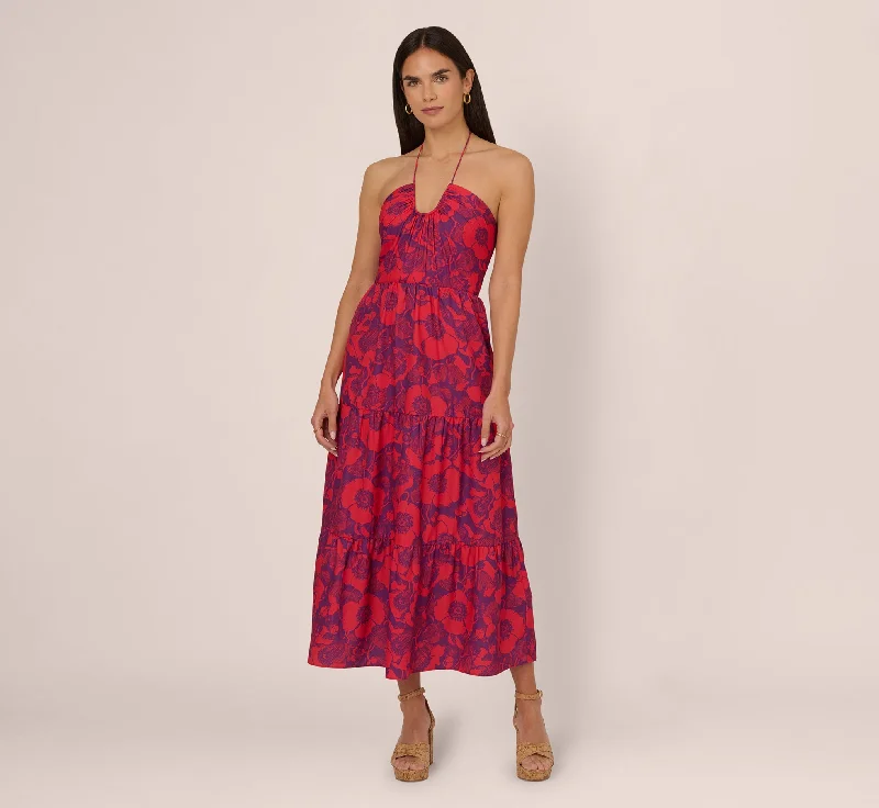 Abstract Flower Print Maxi Dress With Halter Neckline In Purple Red Fashionable Chiffon Maxi Dress