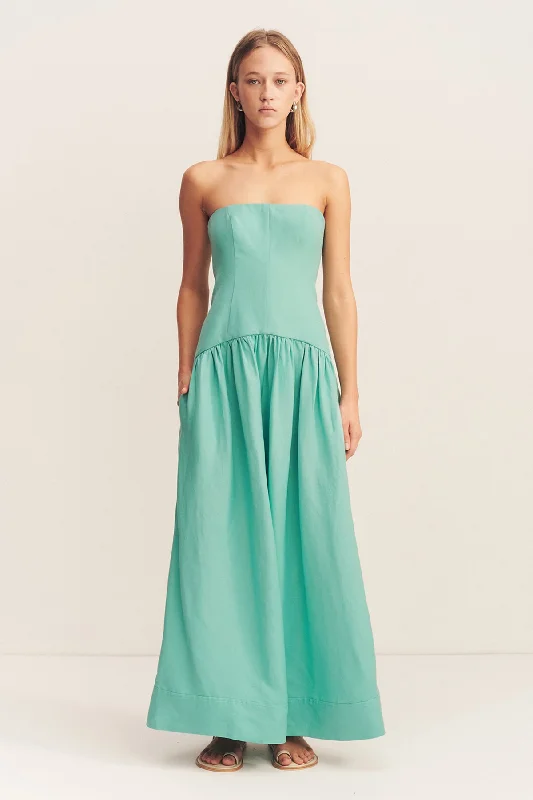 ALEC LINEN STRAPLESS PANELLED MAXI DRESS - POOL BLUE Stylish Off-Shoulder Maxi Dress