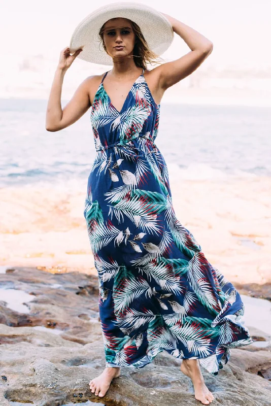 All Summer Long Palm Leaf Print Maxi Dress Stylish Maxi Dress with Pleats