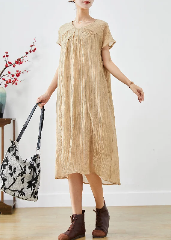 Art Khaki V Neck Wrinkled Cotton Maxi Dresses Summer Stylish Pleated A-Line Maxi Dress