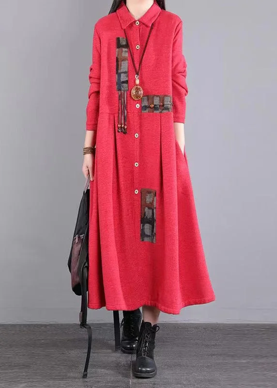 Art Red Peter Pan Collar Pockets Patchwork Warm Fleece Maxi Dresses Winter Fashionable Asymmetrical Maxi Dress