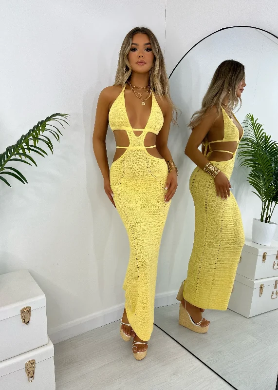 Bali Palms Crochet Maxi Dress - Yellow Cozy Maxi Dress with Slit