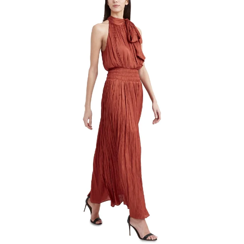 BCBGMAXAZRIA Women's Broomstick Satin Pleated Smocked Halter Maxi Dress Fashionable Sleeveless Maxi Dress